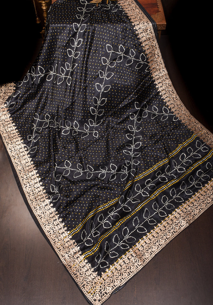 Black Gajji Silk Saree with Gotta Patti Border and Digital print Bandhani