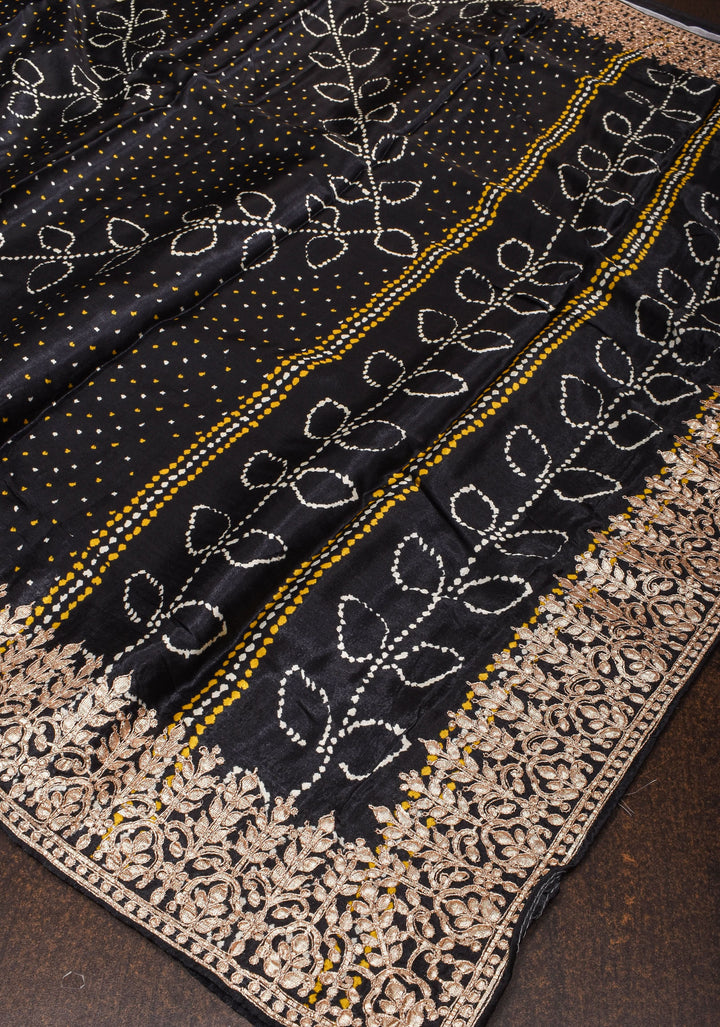 Black Gajji Silk Saree with Gotta Patti Border and Digital print Bandhani