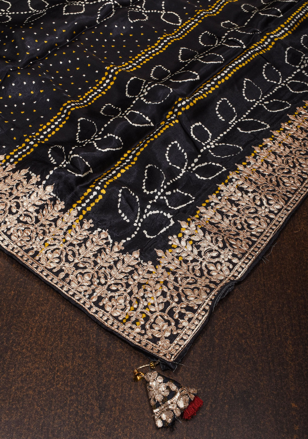 Black Gajji Silk Saree with Gotta Patti Border and Digital print Bandhani