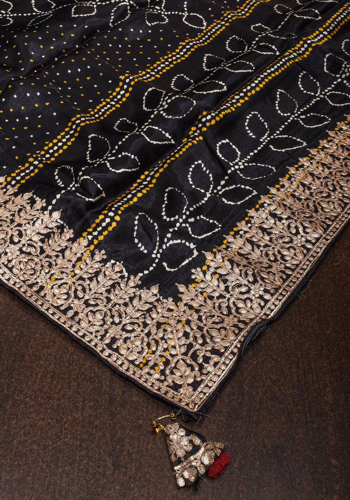 Black Gajji Silk Saree with Gotta Patti Border and Digital print Bandhani