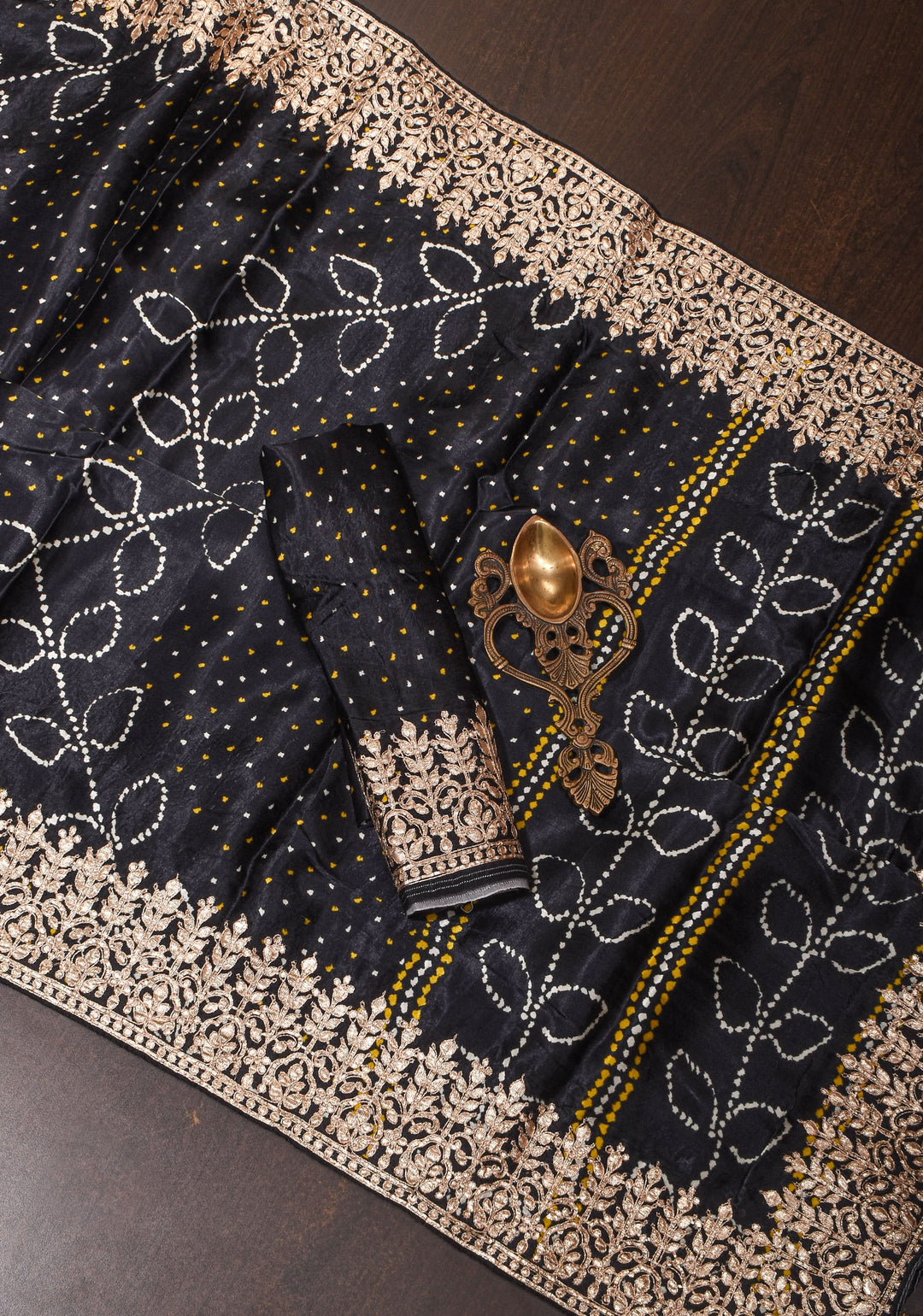 Black Gajji Silk Saree with Gotta Patti Border and Digital print Bandhani