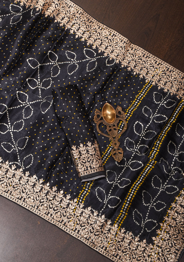 Black Gajji Silk Saree with Gotta Patti Border and Digital print Bandhani