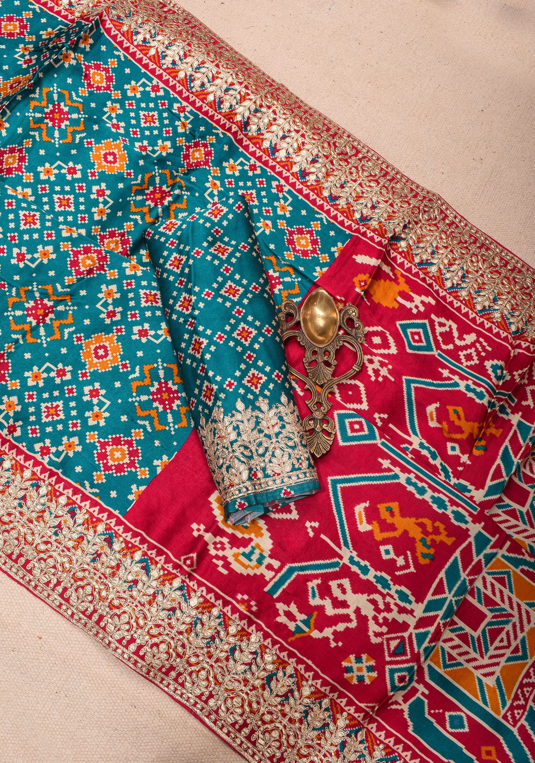 Gajji Silk Saree with Gotta Patti Border and Patola Digital Print in Teal