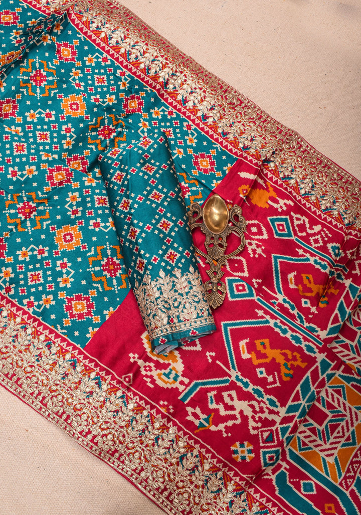 Gajji Silk Saree with Gotta Patti Border and Patola Digital Print in Teal