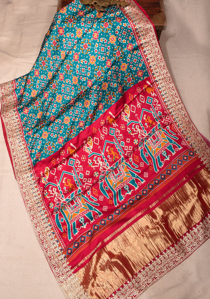 Gajji Silk Saree with Gotta Patti Border and Patola Digital Print in Teal