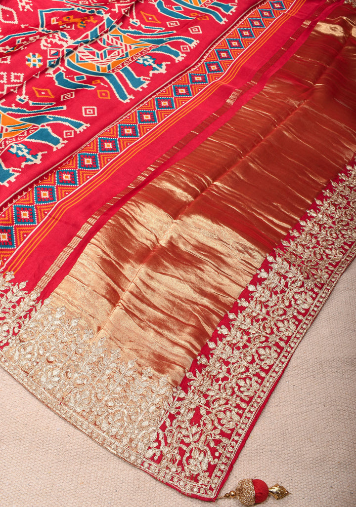 Gajji Silk Saree with Gotta Patti Border and Patola Digital Print in Teal