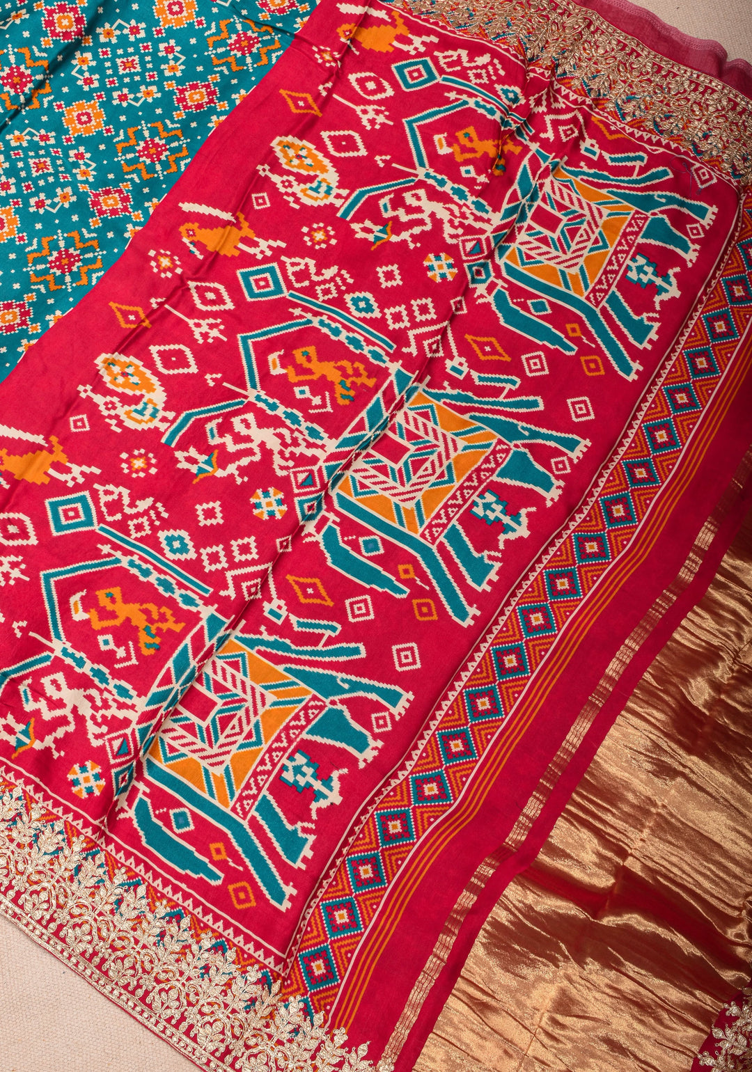 Gajji Silk Saree with Gotta Patti Border and Patola Digital Print in Teal