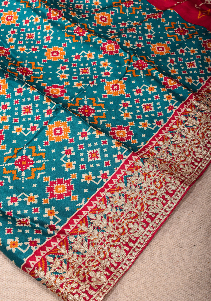 Gajji Silk Saree with Gotta Patti Border and Patola Digital Print in Teal