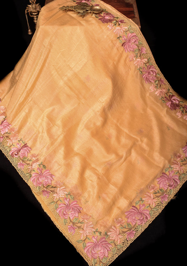 Butter Yellow Crushed Shimmer Georgette with Meenakari Floral design embroidery and light cutwork