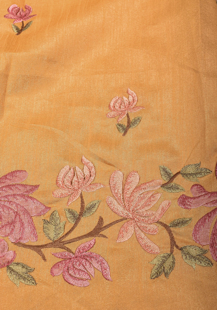 Butter Yellow Crushed Shimmer Georgette with Meenakari Floral design embroidery and light cutwork