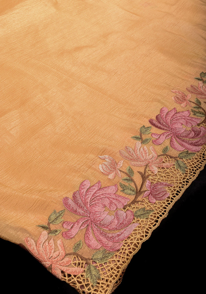 Butter Yellow Crushed Shimmer Georgette with Meenakari Floral design embroidery and light cutwork