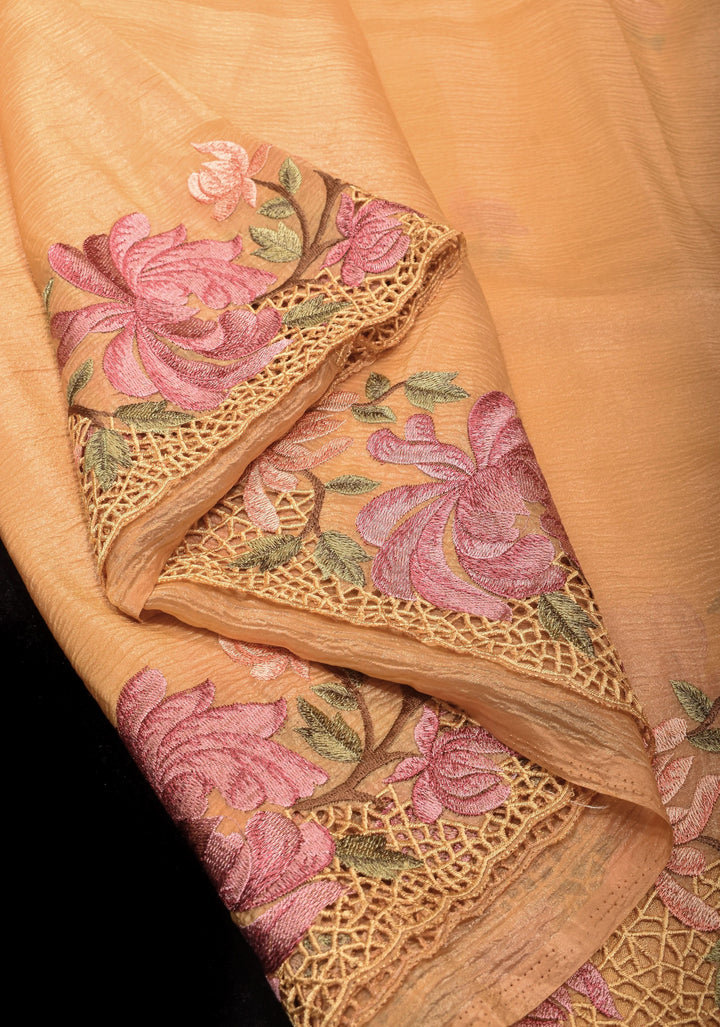 Butter Yellow Crushed Shimmer Georgette with Meenakari Floral design embroidery and light cutwork