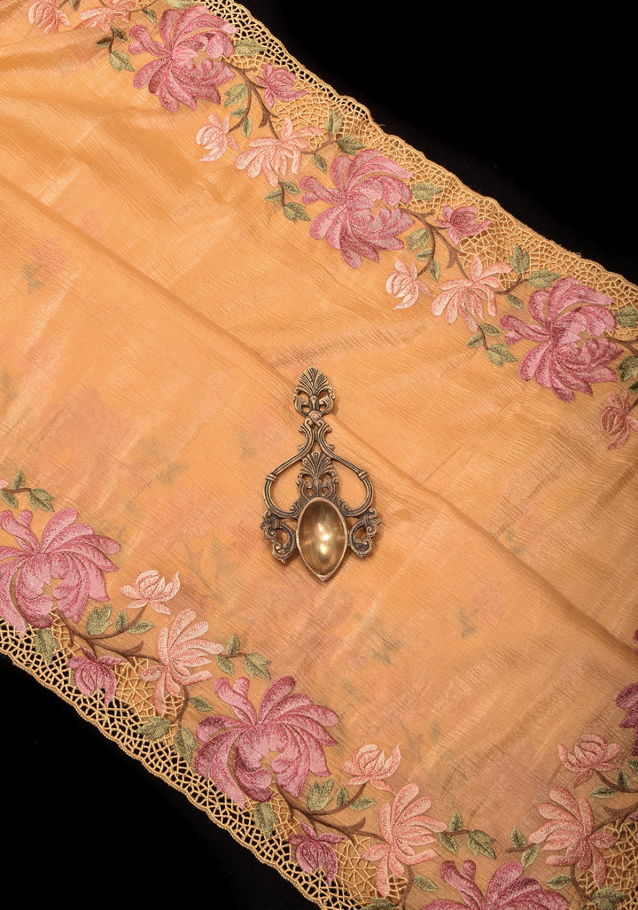 Butter Yellow Crushed Shimmer Georgette with Meenakari Floral design embroidery and light cutwork