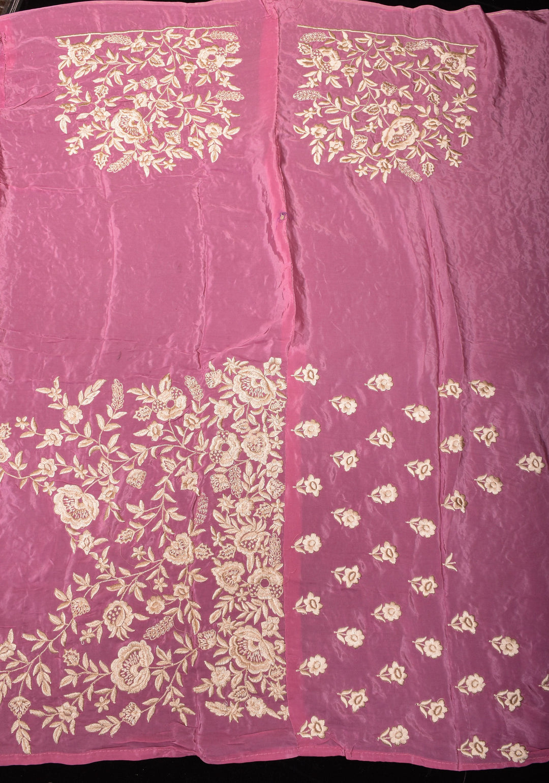 Dusty Pink Parsi Gara design Jaal Heavy Machine Embroidered in Chinnon Saree with Scallop Border