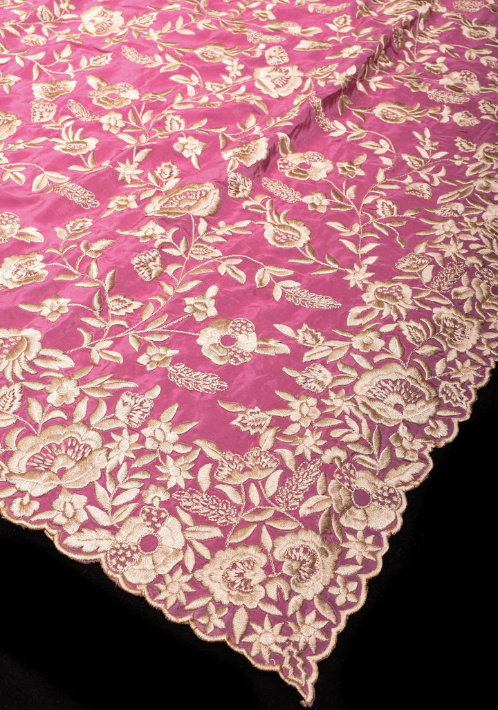 Dusty Pink Parsi Gara design Jaal Heavy Machine Embroidered in Chinnon Saree with Scallop Border