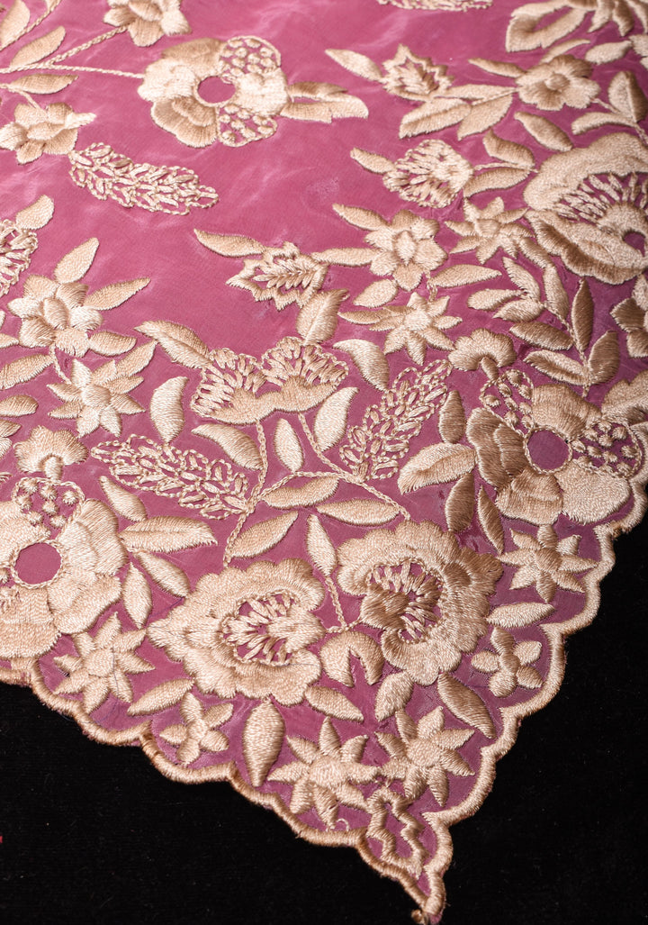 Dusty Pink Parsi Gara design Jaal Heavy Machine Embroidered in Chinnon Saree with Scallop Border