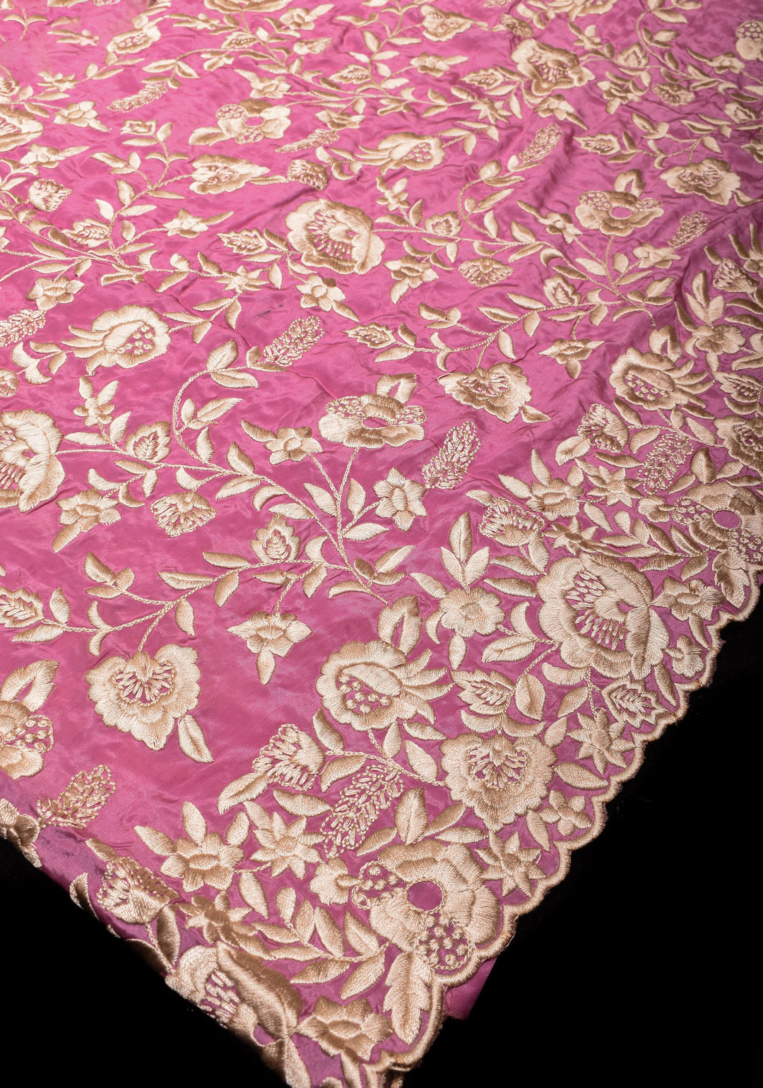 Dusty Pink Parsi Gara design Jaal Heavy Machine Embroidered in Chinnon Saree with Scallop Border