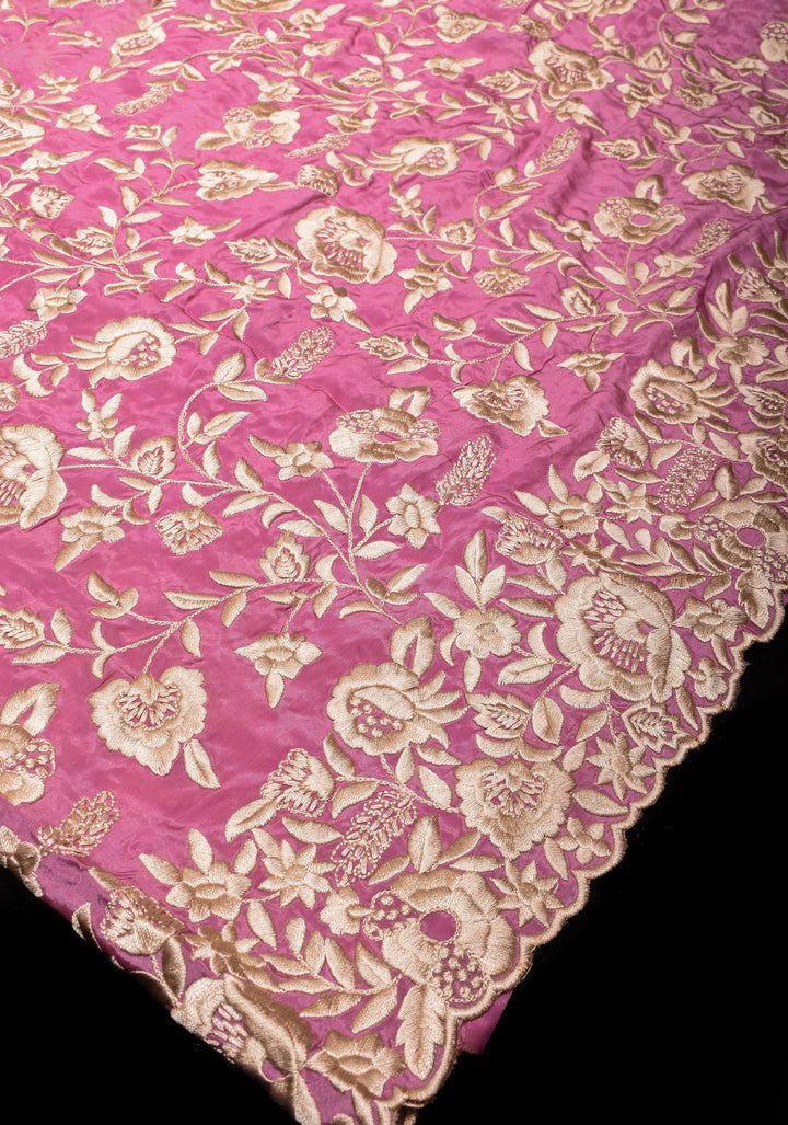 Dusty Pink Parsi Gara design Jaal Heavy Machine Embroidered in Chinnon Saree with Scallop Border