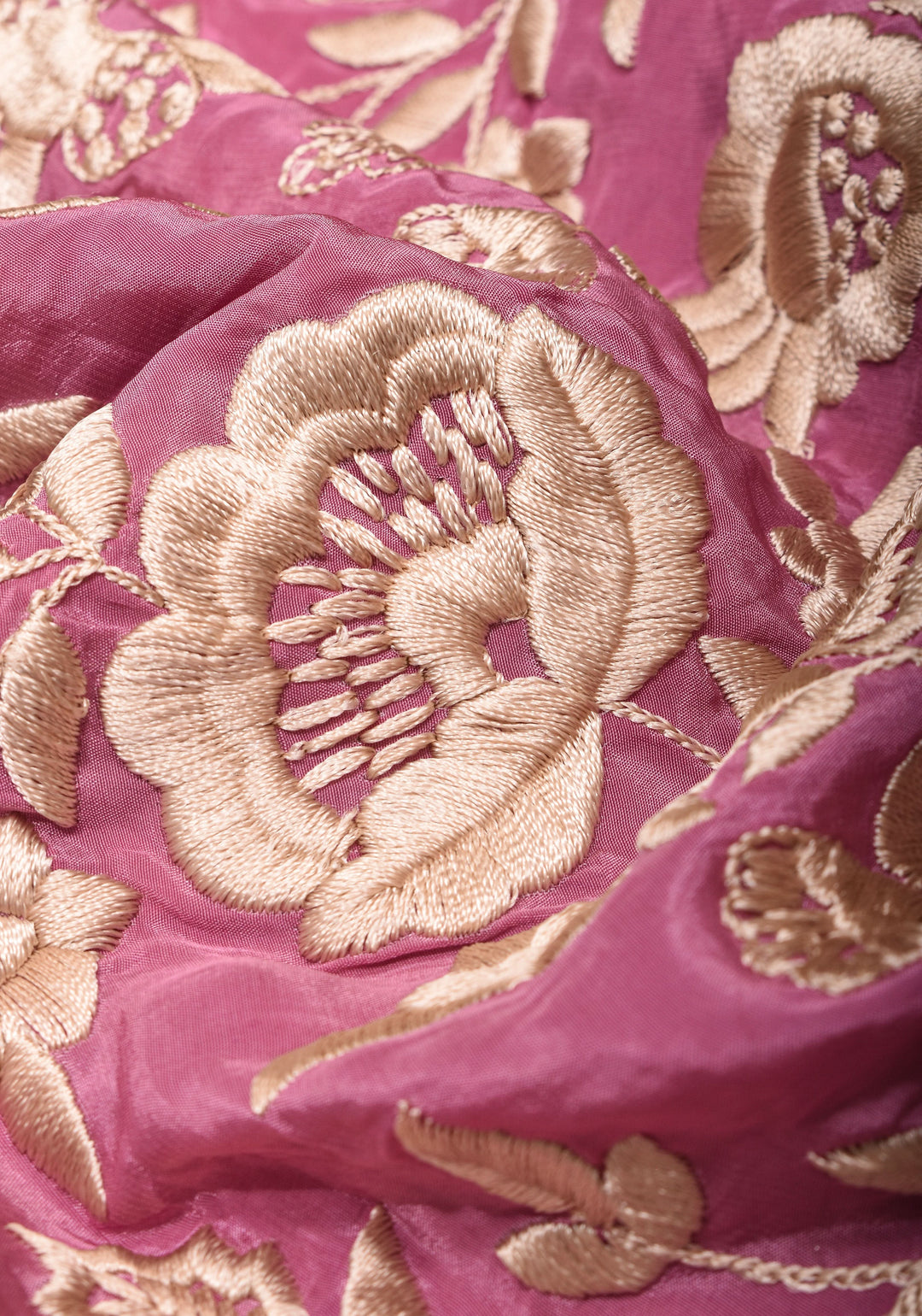 Dusty Pink Parsi Gara design Jaal Heavy Machine Embroidered in Chinnon Saree with Scallop Border