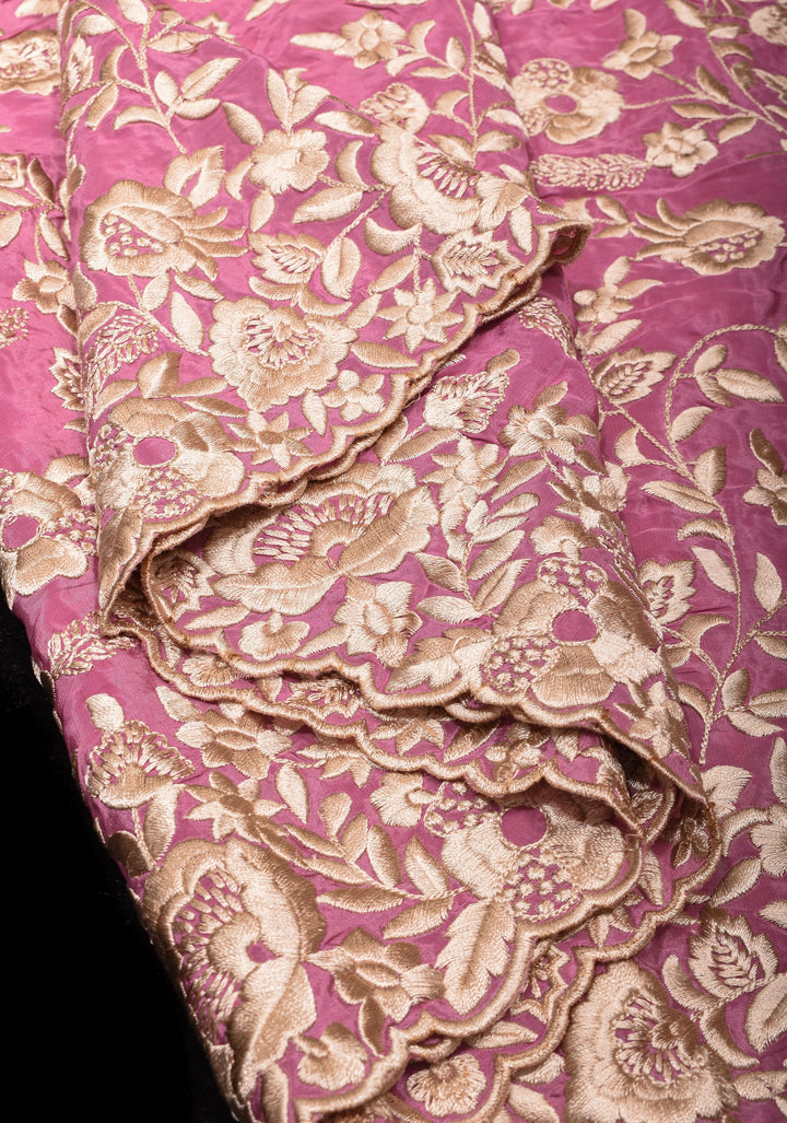 Dusty Pink Parsi Gara design Jaal Heavy Machine Embroidered in Chinnon Saree with Scallop Border