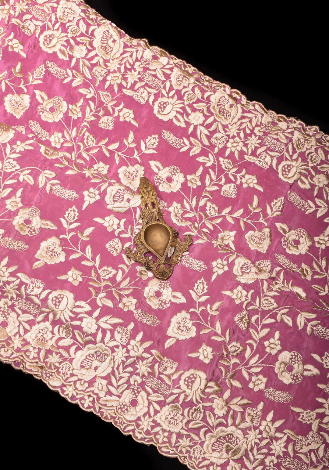 Dusty Pink Parsi Gara design Jaal Heavy Machine Embroidered in Chinnon Saree with Scallop Border