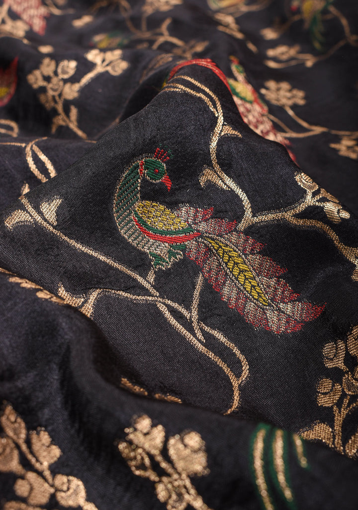 Exquisite Black Viscose Saree: Meenakari Shikagarh Jaal and Floral Zari Border