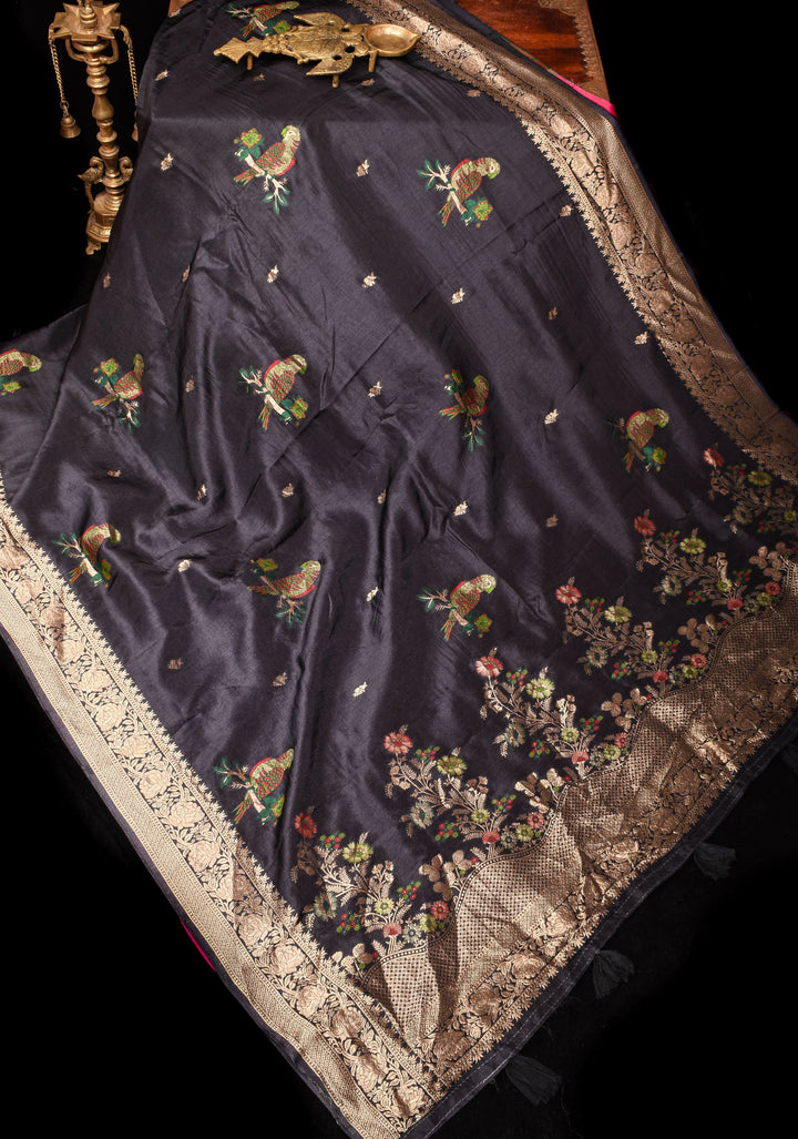 Exquisite Black Viscose Saree with Meenakari Parrot and Floral design and zari border