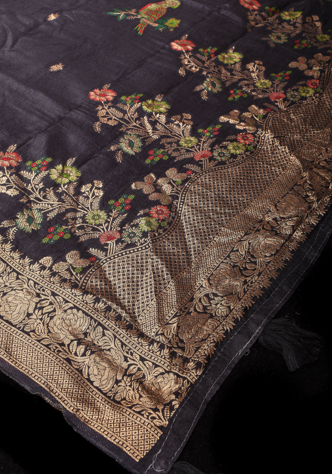 Exquisite Black Viscose Saree with Meenakari Parrot and Floral design and zari border
