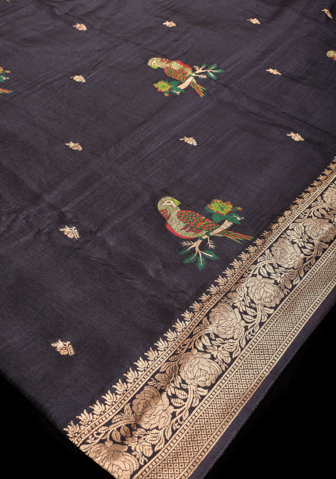 Exquisite Black Viscose Saree with Meenakari Parrot and Floral design and zari border