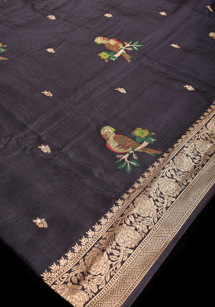 Exquisite Black Viscose Saree with Meenakari Parrot and Floral design and zari border