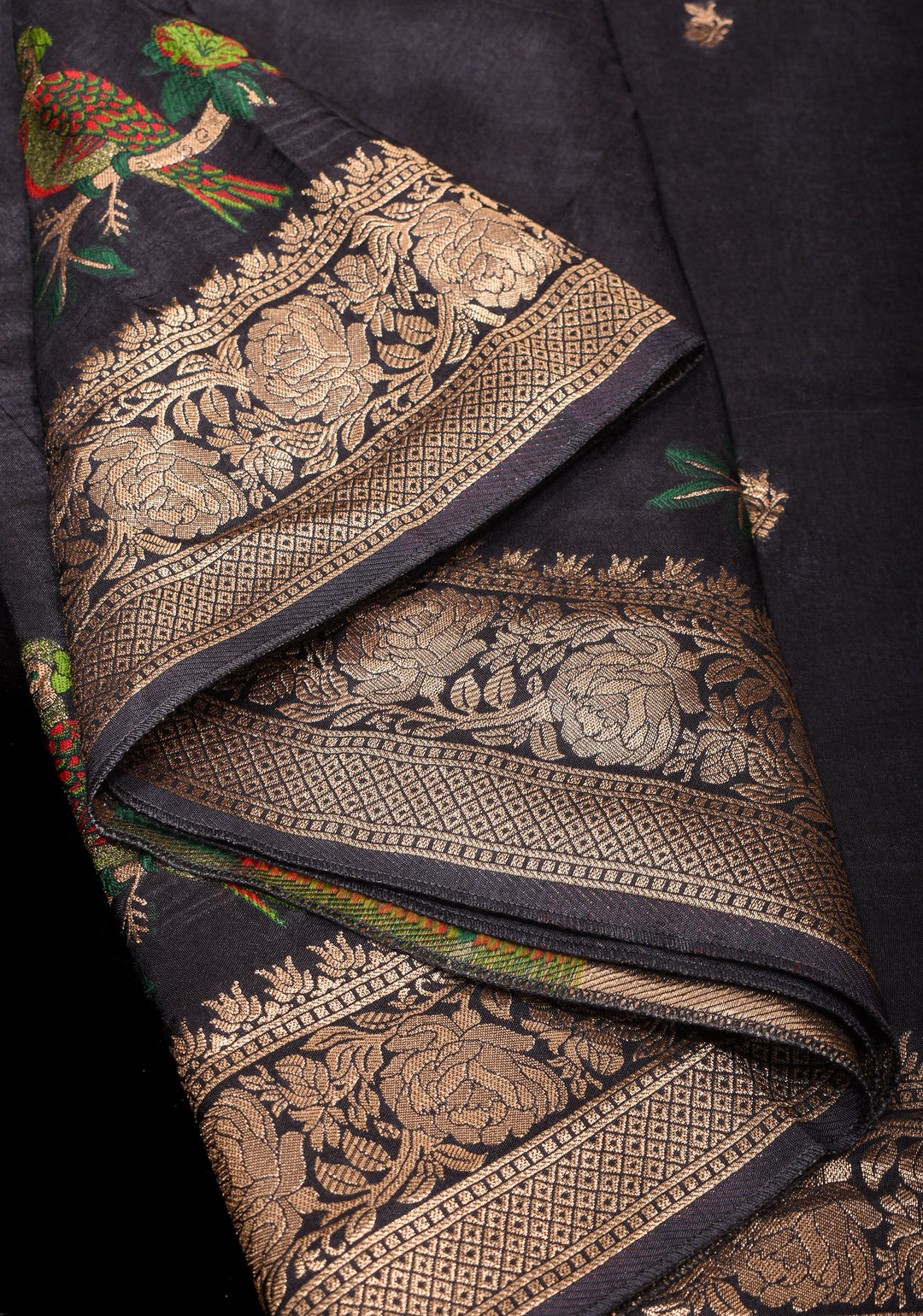 Exquisite Black Viscose Saree with Meenakari Parrot and Floral design and zari border