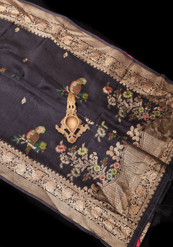 Exquisite Black Viscose Saree with Meenakari Parrot and Floral design and zari border