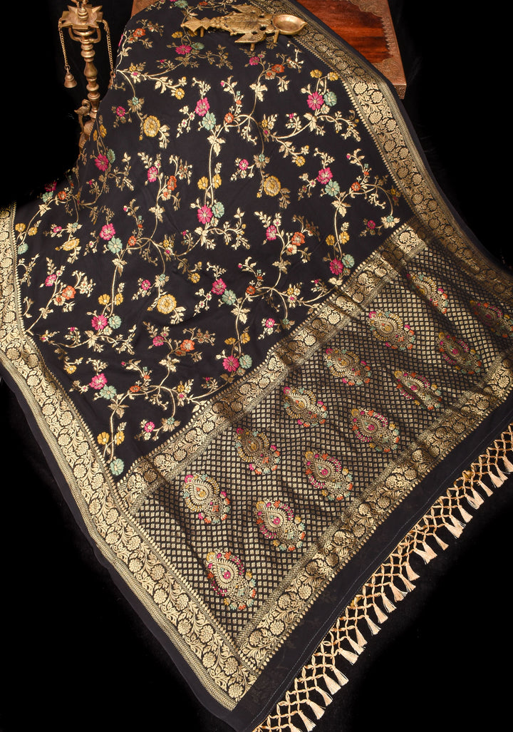 Black Viscose Saree with Meenakari Floral Jaal and Floral Zari Border