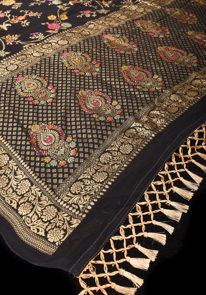 Black Viscose Saree with Meenakari Floral Jaal and Floral Zari Border