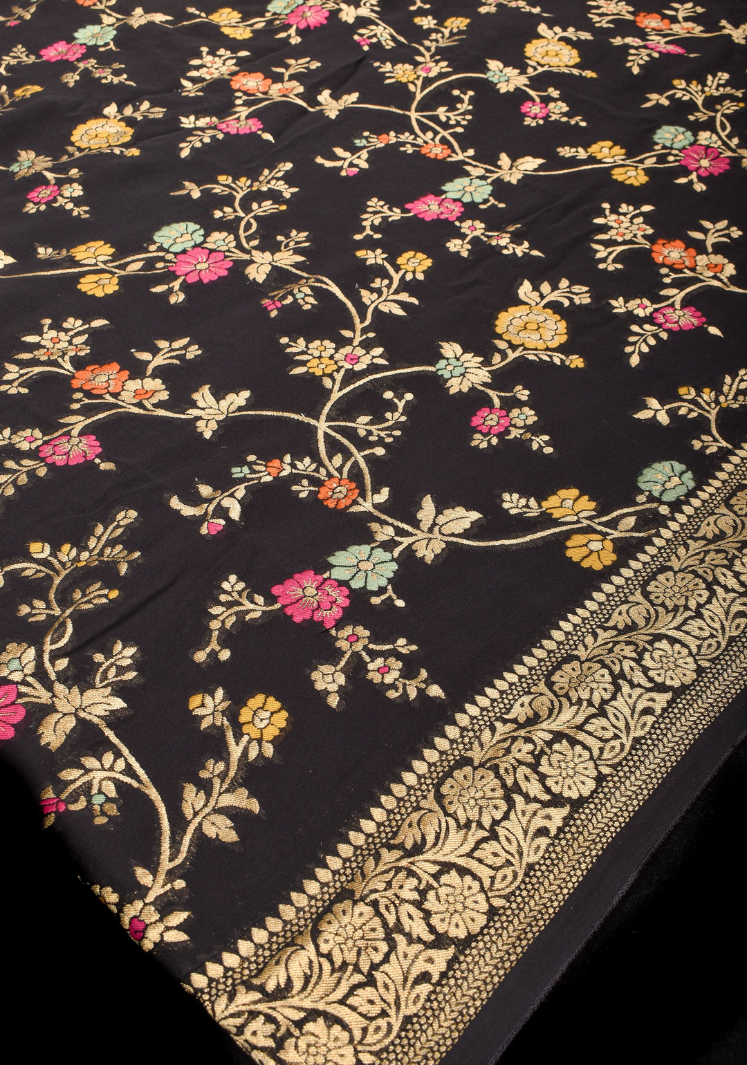 Black Viscose Saree with Meenakari Floral Jaal and Floral Zari Border