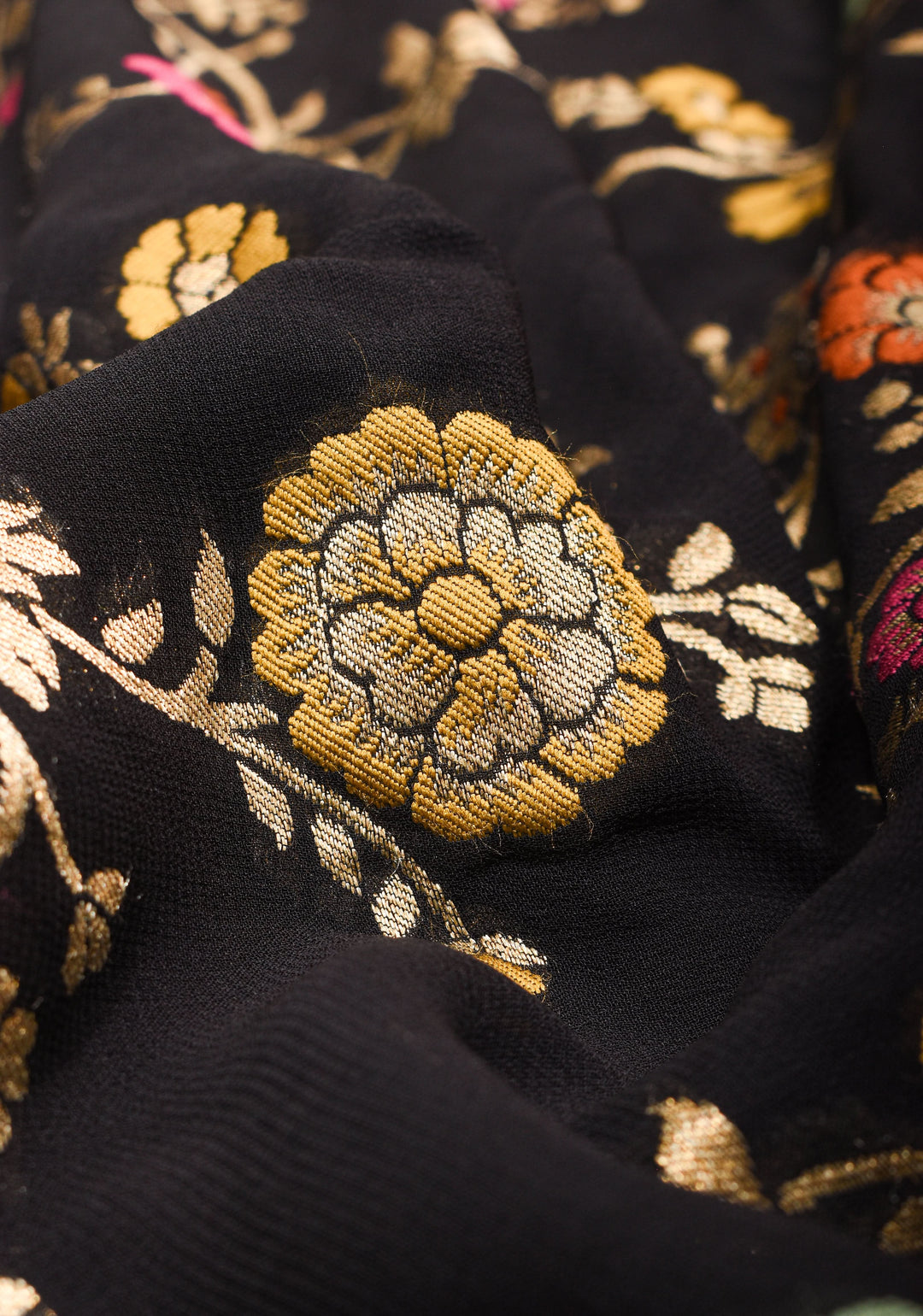 Black Viscose Saree with Meenakari Floral Jaal and Floral Zari Border
