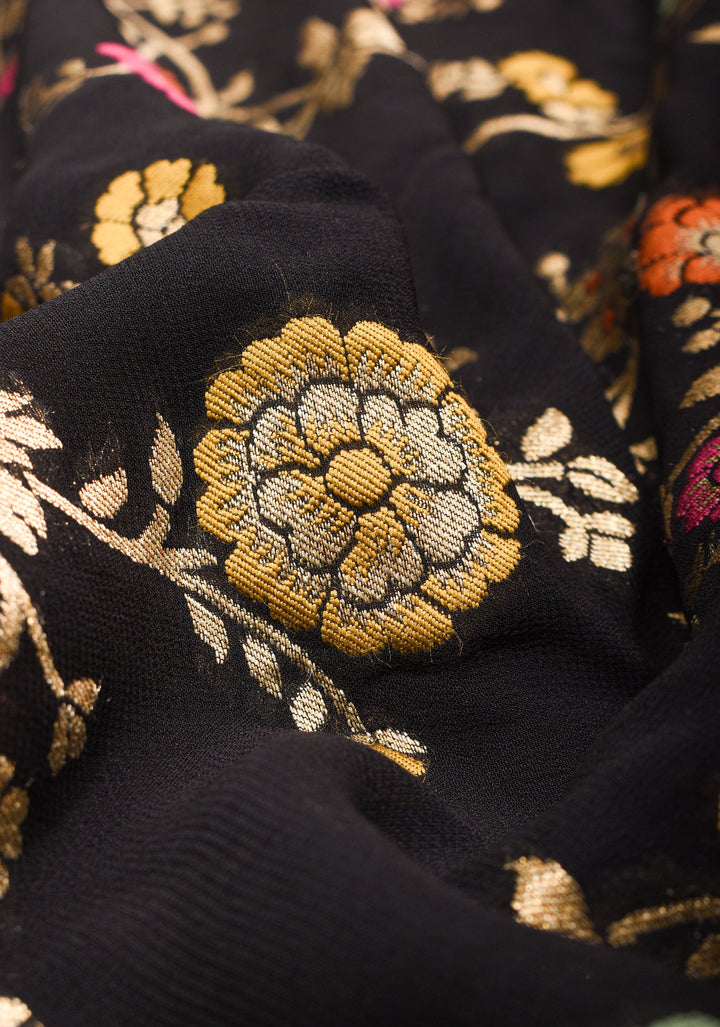 Black Viscose Saree with Meenakari Floral Jaal and Floral Zari Border