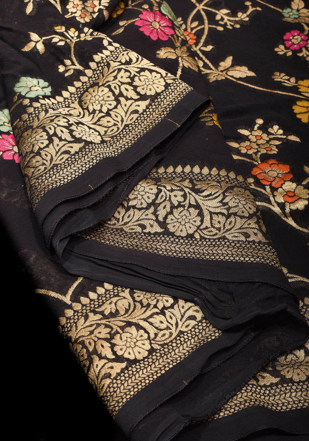 Black Viscose Saree with Meenakari Floral Jaal and Floral Zari Border