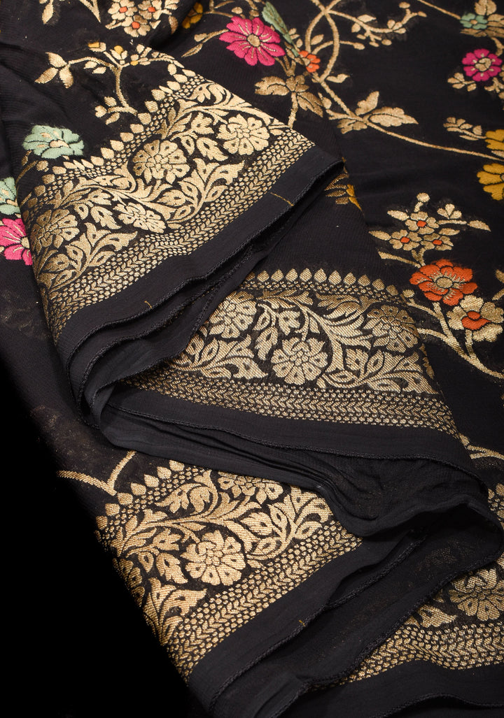Black Viscose Saree with Meenakari Floral Jaal and Floral Zari Border