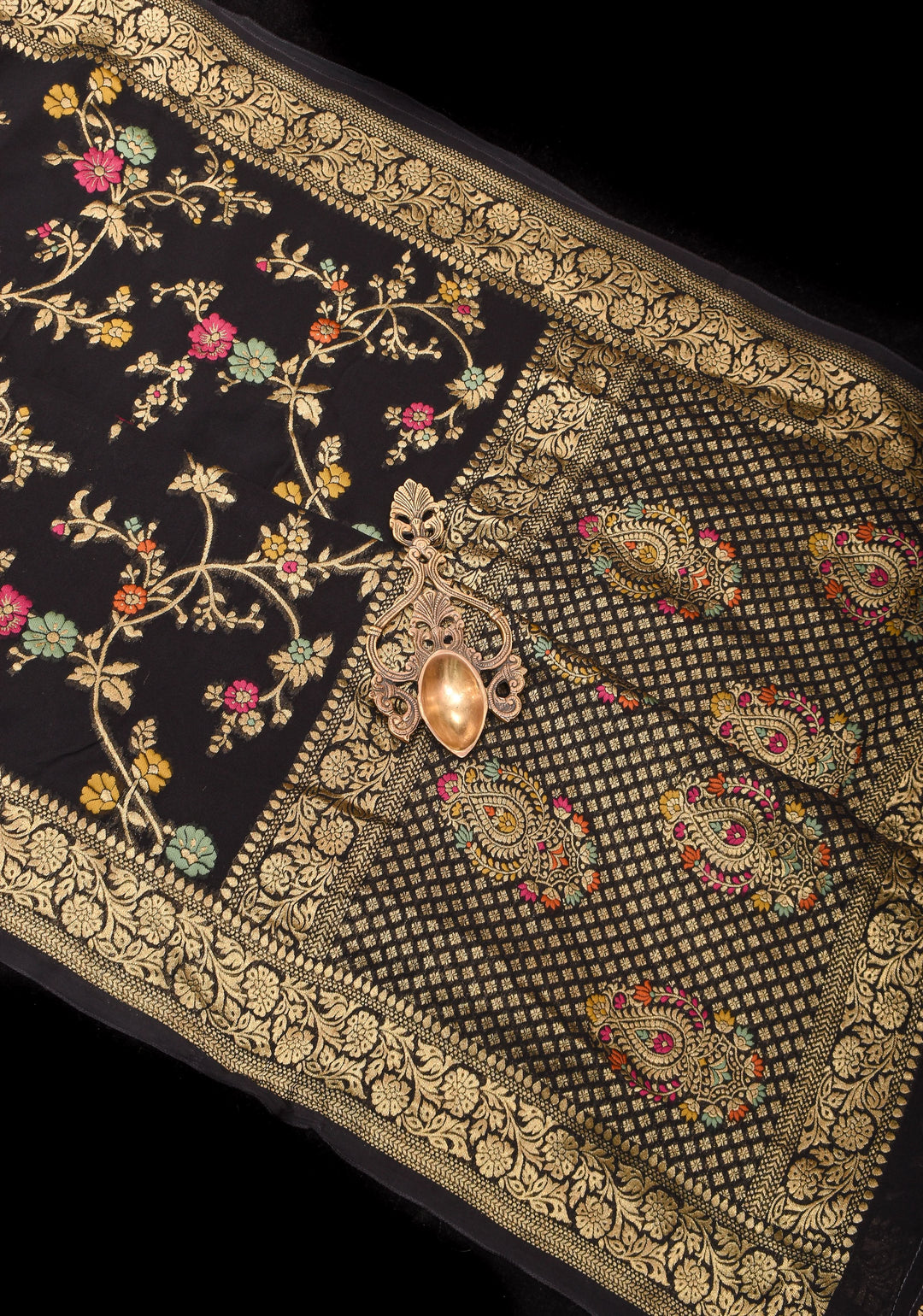 Black Viscose Saree with Meenakari Floral Jaal and Floral Zari Border