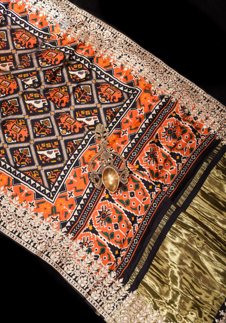 Black Patola Digital Print Gajji Silk Saree with Gotta Patti Border and Crushed Pallu