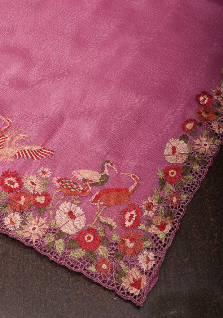 Thistle Pink Crushed Shimmer Georgette Saree with  Meenakari floral embroidery and Cutwork