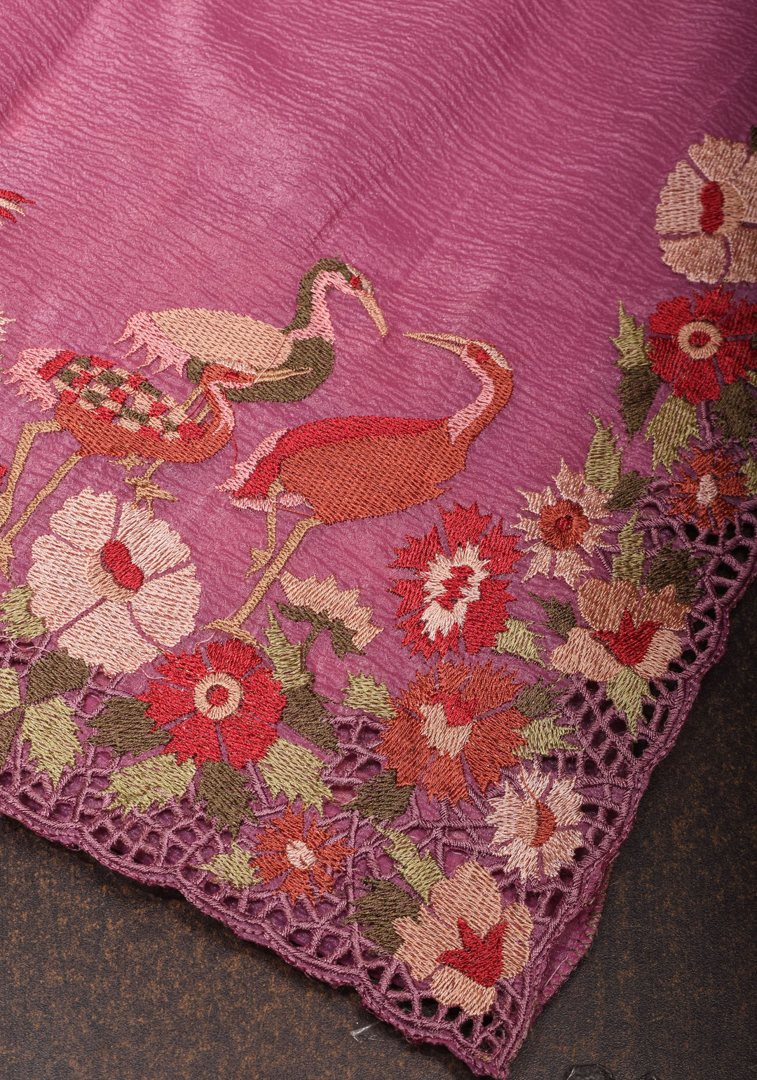 Thistle Pink Crushed Shimmer Georgette Saree with  Meenakari floral embroidery and Cutwork