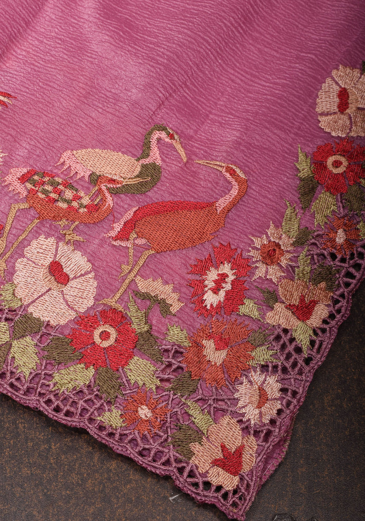 Thistle Pink Crushed Shimmer Georgette Saree with  Meenakari floral embroidery and Cutwork