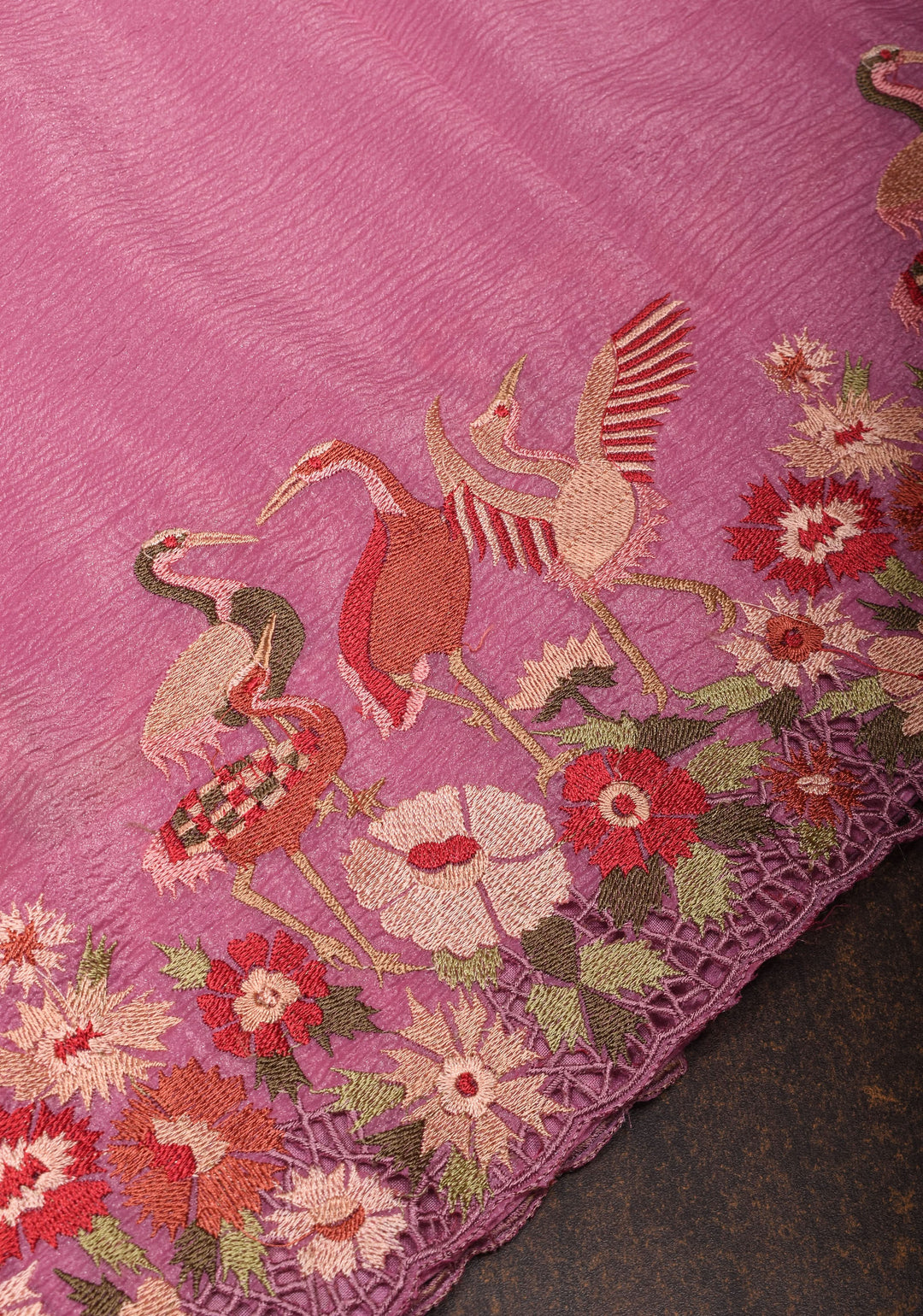 Thistle Pink Crushed Shimmer Georgette Saree with  Meenakari floral embroidery and Cutwork