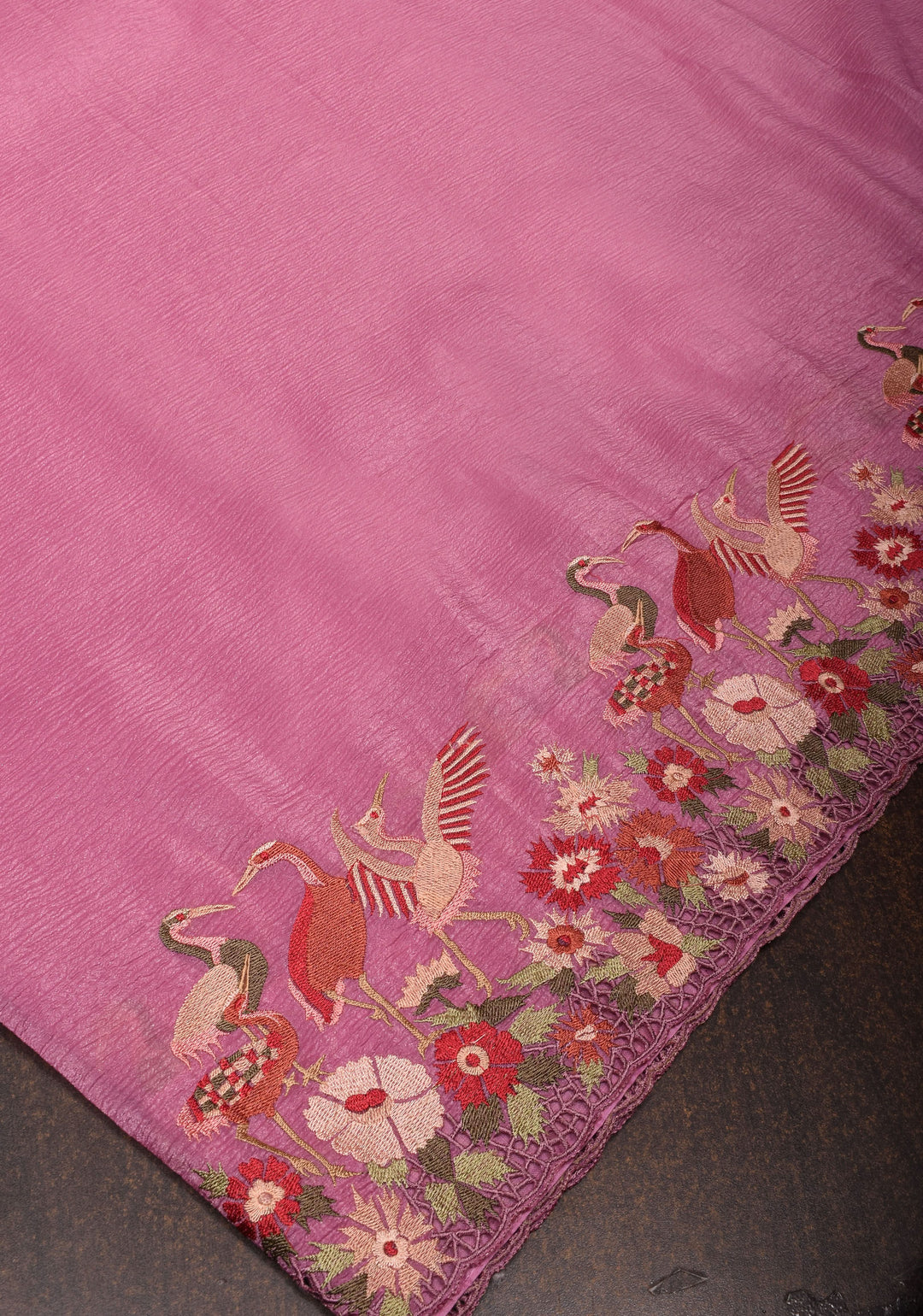 Thistle Pink Crushed Shimmer Georgette Saree with  Meenakari floral embroidery and Cutwork