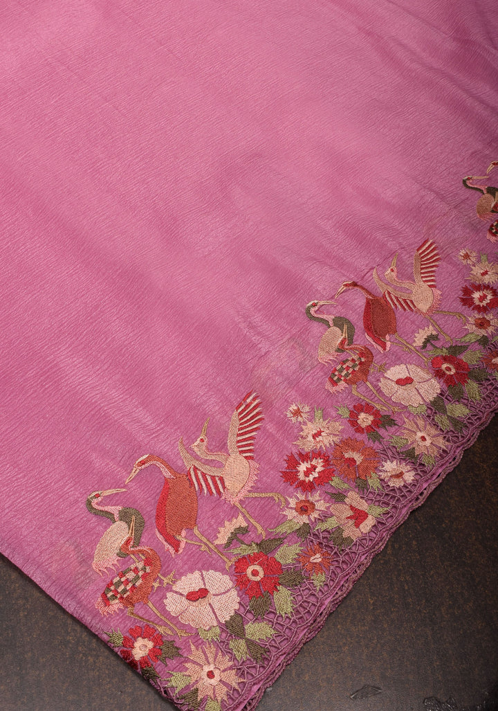 Thistle Pink Crushed Shimmer Georgette Saree with  Meenakari floral embroidery and Cutwork