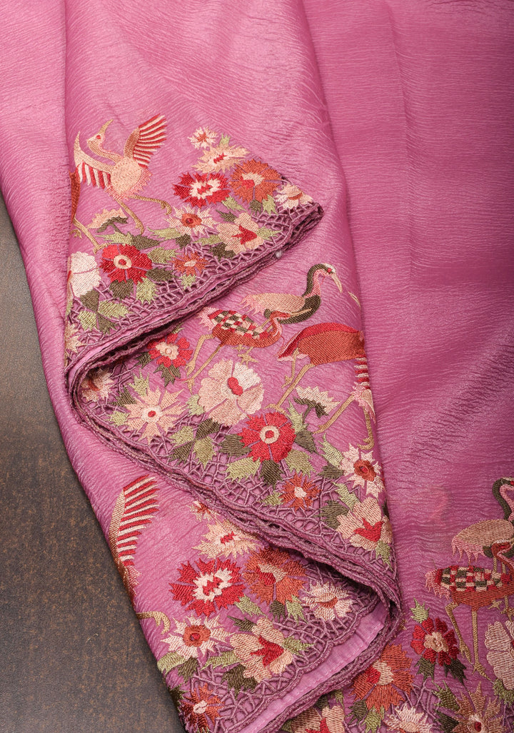 Thistle Pink Crushed Shimmer Georgette Saree with  Meenakari floral embroidery and Cutwork