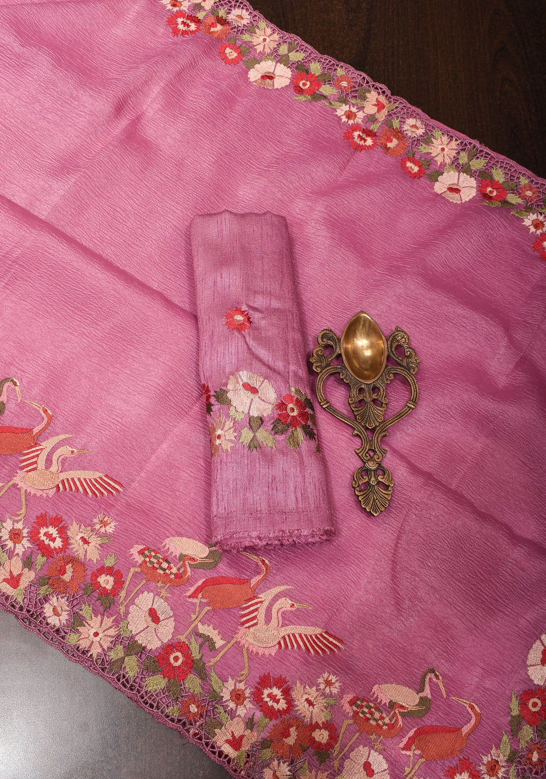 Thistle Pink Crushed Shimmer Georgette Saree with  Meenakari floral embroidery and Cutwork