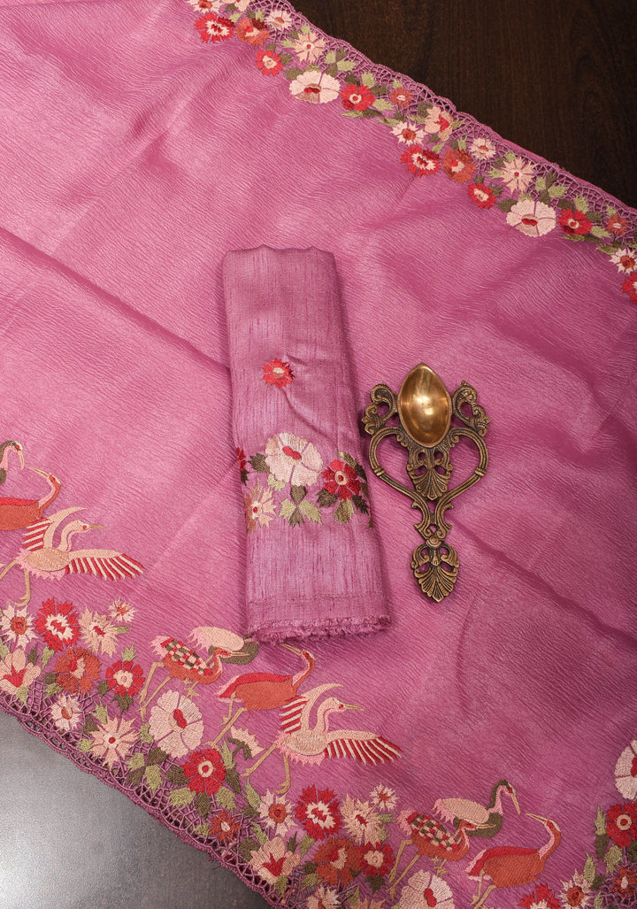 Thistle Pink Crushed Shimmer Georgette Saree with  Meenakari floral embroidery and Cutwork